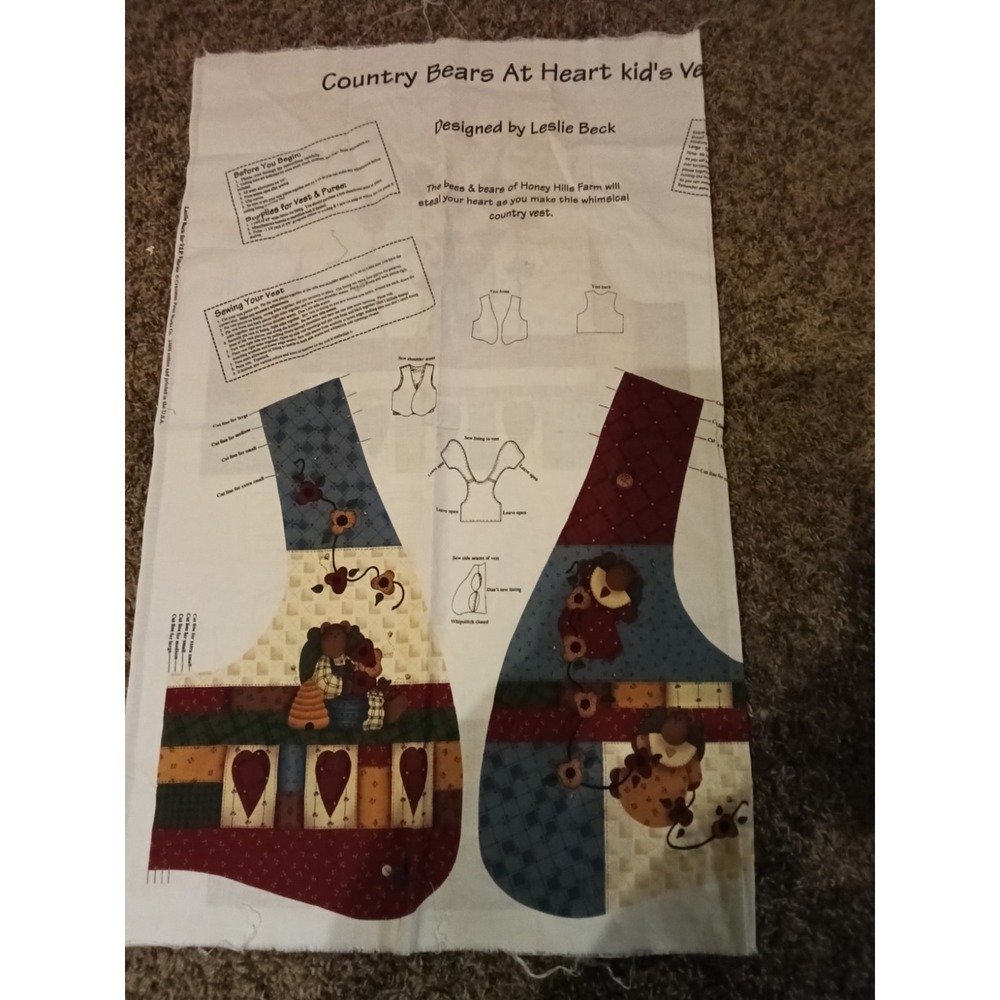 Country Bears At Heart Kids Vest Fabric Panel Leslie Beck Honey Hills Farm Uncut